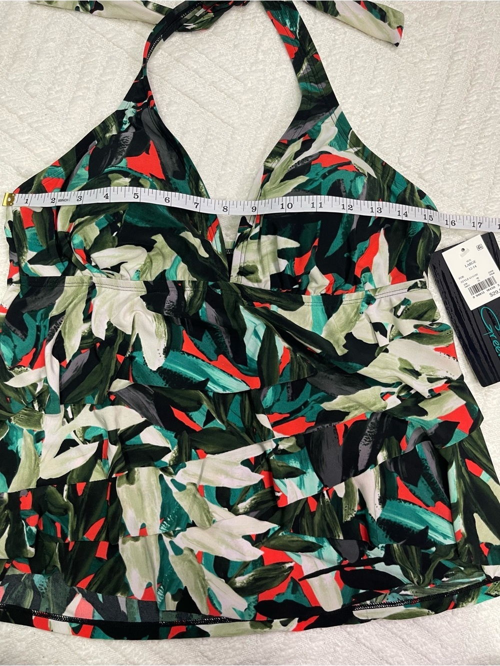 Aqua Green Black Tropical Print Swim Top with Green & Red - Picture 10 of 12